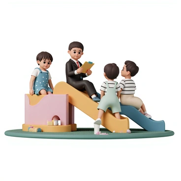 A baby boy, wearing a tiny black suit and a small red tie, is sitting on a colorful playground slide. He has a serious expression on his face as he holds a toy clipboard. Surrounding him are three other babies, each in adorable outfits: one is wearing a blue dress with white polka dots, another has on light green overalls, and the last one is in a striped shirt and beige shorts. They are all sitting on the slide, looking up at the baby in the suit with attentive expressions, as if they are participating in an important meeting. The playground equipment is bright and inviting, with soft grass and vibrant toys scattered around.