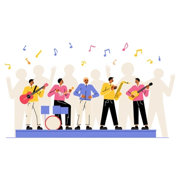 A group of six matchstick figures stands on a small stage, each holding a different miniature instrument. The first figure, on the left, plays a tiny red guitar, while the second figure, next to it, plays a blue drum set. The third figure, in the middle, holds a small microphone and sings enthusiastically. The fourth figure plays a golden saxophone, and the fifth figure strums a miniature ukulele. The sixth figure is off to the right, playing a tiny keyboard. Colorful musical notes float around them, creating a dynamic atmosphere. The background is filled with cheering matchstick figures, creating a lively concert scene.