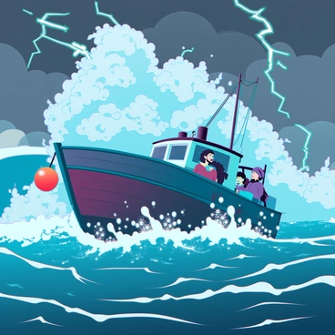 A small fishing boat with weathered wood and peeling paint is being tossed by towering, frothy waves in a stormy sea. The boat has a bright orange buoy attached to its stern, and the crew on board appears tense, fighting against the elements. The sky is filled with dark, swirling clouds illuminated by flashes of lightning, casting an eerie glow on the turbulent water. Spray from the crashing waves rises high, soaking the boat and the crew, while the ocean churns with shades of deep blue and gray, emphasizing the ferocity of the storm.