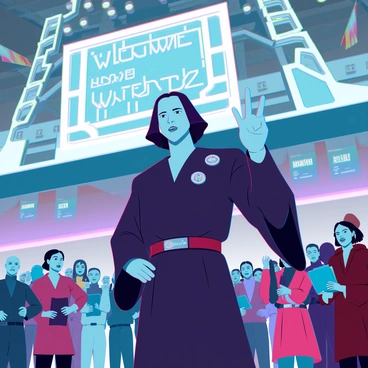 Anakin Skywalker, a young man with medium-length, dark hair, dressed in a dark robe adorned with various insignia, is standing proudly at the center of a bustling spaceport. He is surrounded by a diverse crowd of admirers, including humans and alien species, all cheering and waving flags in appreciation. Bright lights and holo-screens display messages of "Welcome Home, Hero!" in various languages. In the background, sleek starships are docked, showcasing advanced technology. Colorful banners hang from the structures, adding to the festive atmosphere. Anakin’s expression is a mix of pride and humility as he acknowledges the crowd with a raised hand.