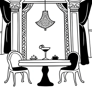 A detailed image of an elegant negroni cocktail placed on a polished wooden table. The cocktail glass is filled with a rich mixture and garnished with an orange slice. Above, a sparkling chandelier hangs from a high ceiling, casting intricate light patterns onto the table. The grand dining hall features ornate decor, with lavish drapes and fine china set nearby. Elegant chairs surround the table, and soft shadows are cast across the space.