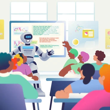 A friendly robot with a shiny silver exterior and blue LED lights is standing in front of a digital whiteboard. The robot has articulated arms and a welcoming expression on its face. On the whiteboard, there are colorful diagrams and text written in various languages. In the foreground, a group of diverse students of different ethnicities are seated at their desks, actively engaging with the lesson. Some students are taking notes, while others are raising their hands to ask questions. The classroom is filled with educational posters and bright, natural light coming through the windows.