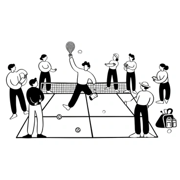 Roger Federer practicing his serve on a practice court surrounded by coaching staff.