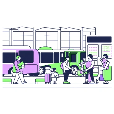 A bustling bus terminal filled with activity. There are several buses lined up at the curb, each with open doors allowing passengers to board. A group of passengers with various bags and backpacks is waiting in line to get on a bus, while others step off with luggage in hand. In the foreground, a person is checking their watch, looking anxious. Nearby, a family is gathered, pointing towards a bus schedule displayed on a large board. A ticket counter is visible, with an attendant assisting travelers. The terminal features a high ceiling with large windows letting in light, and benches are occupied by waiting passengers.
