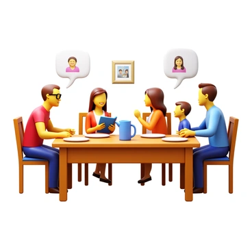 A family sitting around a wooden dining table. There are four members: a father with glasses, a mother with long hair, a teenage daughter with a book, and a young son with a playful smile. Each family member is engaged in conversation, animatedly discussing “RSE topics.” The table is set with plates, utensils, and a pitcher of water. Soft lighting creates a warm atmosphere. A few family photos are displayed on the wall in the background.