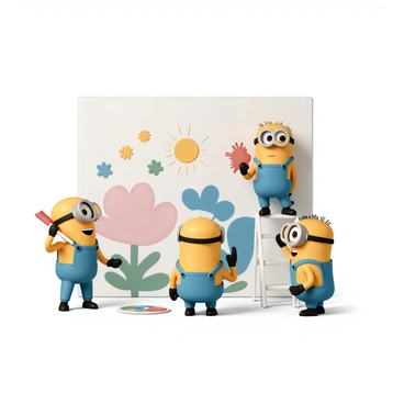 A group of three Minions, wearing blue overalls and goggles, is energetically painting a colorful mural on a large wall. One Minion is holding a bright red paintbrush, splashing red paint onto the wall, while the second Minion is climbing on a ladder, carefully applying yellow paint to the top section. The third Minion is standing on the ground, mixing vibrant blue and green paint on a palette. Various bright colors splattered across the wall are forming a cheerful scene filled with cartoonish flowers and sunshines. The Minions are smiling and interacting, showcasing their playful nature as they work together on this creative project.