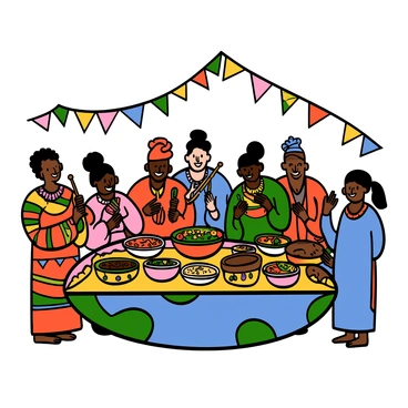A vivid scene depicting people from various regions of a flat Earth gathering together in a lively communal celebration. There are individuals of different skin tones and ethnic backgrounds, showcasing diversity in their traditional clothing. One person is wearing a colorful patterned dress, while another is in a vibrant tunic. They are sharing an assortment of traditional dishes placed on a large, decorative table. In the background, a group of musicians plays cheerful melodies on a variety of instruments, including drums and flutes. Colorful banners and flags are hanging above, fluttering in the breeze, enhancing the festive atmosphere. Everyone is smiling and engaging with each other, exchanging stories and enjoying the rich cultural exchange.