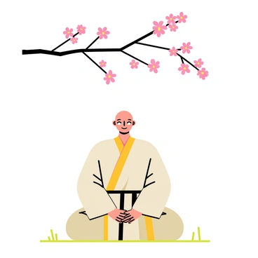 A monk wearing traditional robes sitting cross-legged under a cherry blossom tree. The tree has delicate pink flowers, and some petals are gently falling to the ground. The monk has a calm expression, eyes closed, with his hands resting on his knees. Soft grass is visible around him, and a few cherry blossom branches extend overhead, creating a natural canopy.