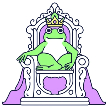 A frog with a smooth texture is sitting on a lavish throne that features intricate carvings. The frog is adorned with an ornate crown that has elaborate designs and jewels. The throne is elevated, with plush cushions that provide a regal appearance. The frog's posture is proud and dignified, with its eyes focused ahead. Surrounding the throne are decorative elements such as elegant drapery that adds to the opulence of the scene. There is a sense of majesty in the frog's presence, as if it presides over a royal court.