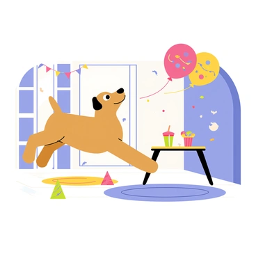 A startled brown dog with floppy ears is leaping back in surprise. The dog's eyes are wide open, and its paws are off the ground as it reacts to a bursting balloon. A colorful balloon, primarily red with blue and yellow patterns, is in the process of popping, sending small pieces of rubber into the air. The room is decorated with streamers and confetti, featuring a bright blue wall and a colorful rug on the floor. A few party hats are scattered around, and a table in the corner is adorned with snacks and drinks, adding to the festive atmosphere.