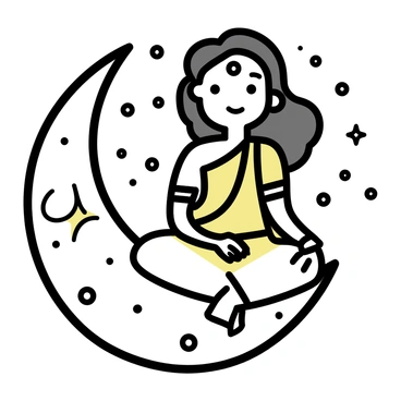 A female figure representing "Goddess Lakshmi" is sitting gracefully on a "crescent moon." She is adorned in a traditional garment with intricate patterns, showing rich colors and details. Her hair flows elegantly behind her, and she has a serene expression. Surrounding her is a "starry night sky," filled with scattered stars of varying sizes,creating a celestial atmosphere. The crescent moon serves as a luminous platform, emphasizing her divine presence in the night.