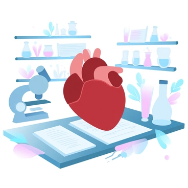 A real heart is placed on a laboratory table. Surrounding the heart are various scientific tools, including a microscope, test tubes filled with colorful liquids, and a pair of tweezers. There are also notebooks with handwritten notes scattered around the table. The laboratory has shelves filled with more equipment and a few plants in the background, providing a touch of greenery. The lighting is soft, creating a calm atmosphere in the lab setting.