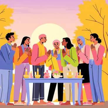 A community gathering in a park at dusk, with people of various ages standing together in a circle. They have their hands clasped together and their heads slightly bowed. The scene shows individuals in colorful clothing, some wearing shawls and others in casual attire. The sky is a gradient of orange and purple as the sun sets, casting a warm glow over the group. In the center, a table is adorned with candles and flowers, creating a focal point for their evening prayer. The expressions on their faces show a sense of peace and unity, as their voices rise in harmony into the twilight.