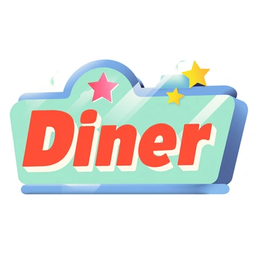A vintage diner sign features a bold, illustrated font with the words "Diner" prominently displayed in bright red. The sign has a classic rounded shape, with a shiny chrome border reflecting light. Above the text, there are decorative elements such as stars and arrows in vibrant colors like blue and yellow. The background of the sign is an eye-catching turquoise, enhancing the retro aesthetic. The overall design conveys a sense of nostalgia and charm, typical of mid-20th century diners.