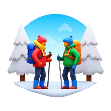 Two hikers bundled up in colorful winter gear, including thick jackets, hats, and gloves, stand at the start of a snowy trail. The snow is freshly fallen, covering the ground in a soft white layer. One hiker carries a backpack, ready for the adventure ahead, while the other holds a walking pole. Their breath creates visible puffs in the cold air. Surrounding them are snow-covered trees, and the sky above is a clear blue, hinting at a bright day for hiking.