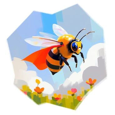 A bee with bright yellow and black stripes is wearing a tiny, vibrant red cape and a small mask over its eyes. The bee is mid-flight, wings buzzing energetically, with a determined expression. It is soaring through a clear blue sky dotted with fluffy white clouds, and the sunlight is glinting off its wings. Below, patches of green fields and colorful flowers can be seen, adding to the sense of adventure as the bee flies heroically.