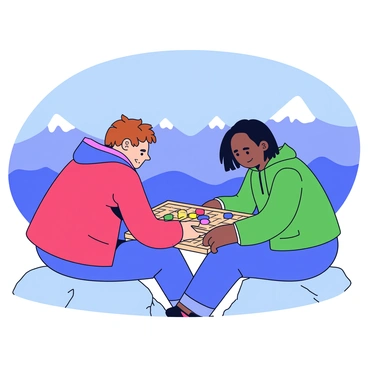 Two hikers are sitting on a rocky surface at the summit of a mountain. One hiker has short brown hair and is wearing a red jacket, while the other hiker has long black hair and is dressed in a green windbreaker. Between them is a wooden backgammon board set up, with colorful pieces arranged on the board. The hikers are leaning forward, focused on their game, with a scenic view of distant peaks and valleys in the background under a clear blue sky.