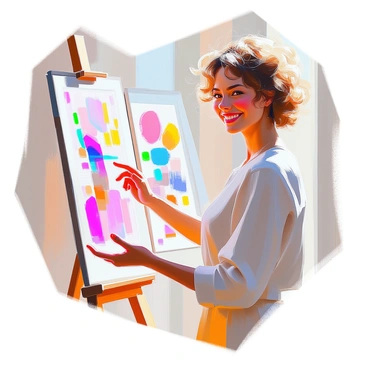 A happy client with light skin and curly hair is standing next to a display of completed illustrations. The client is smiling warmly, gesturing towards the artwork with enthusiasm. The illustrations, showcasing a variety of colorful designs, are framed and arranged neatly on an easel behind the client. The setting is bright and inviting, with natural light illuminating the display.