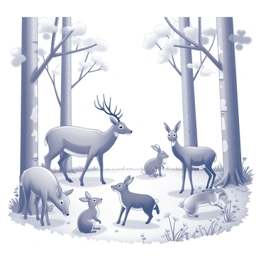 A forest scene filled with various animals. Several deer are grazing peacefully, their ears perked up as they stay alert. A group of rabbits is playfully hopping around on the ground, while a fox stands nearby, watching them cautiously. The trees in the background are tall and leafy, with intricate bark patterns and branches that extend outward. The ground is dotted with a variety of plants, creating a natural habitat for the animals. Some of the foliage features delicate flowers scattered throughout the underbrush. The overall composition captures a lively interaction between the animals and their environment.