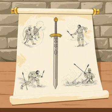 An ancient scroll unrolled on a wooden table, displaying a prominent "legendary sword" in the center, embellished with intricate designs. Surrounding the sword are "illustrations of past battles," showing warriors in combat, detailed armor, and dynamic poses. The scroll has yellowed edges, and faint ink sketches depict a dramatic scene, with clouds of dust and flying arrows. The background is a textured stone wall, enhancing the historical feel of the setting.
