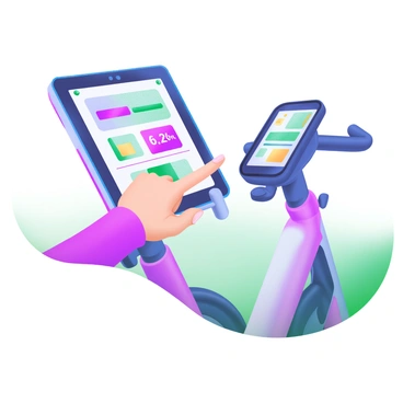 A close-up of a hand gently tapping the touchscreen of a Peloton bike. The screen displays vibrant graphics and workout metrics, such as speed, resistance level, and a progress bar. The hand is positioned at an angle, with fingers poised over various interactive buttons. The bike's sleek frame is visible in the background, showcasing its modern design and color scheme. The overall scene emphasizes the technology and user engagement involved in a fitness experience.