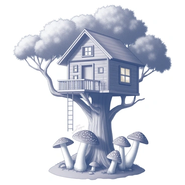A whimsical treehouse nestled among glowing, oversized mushrooms in a fantasy forest.