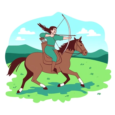 An archer wearing a teal tunic is riding a galloping brown horse across a vast grassy plain. The horse's mane flows with the wind as it sprints forward, hooves kicking up tufts of green grass. The archer is skillfully drawing back a white bow, with a determined expression on their face. Arrows are quiver-tipped, some visible in the archery case attached to the horse's saddle. In the background, there are rolling hills under a blue sky with a few white clouds scattered about.
