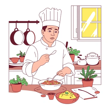 A chef in a white uniform is standing in a bright kitchen. The chef has a thoughtful expression while tasting a dish with a silver spoon. The dish is placed on a wooden counter, and it contains a colorful mixture of vegetables and sauce that looks inviting. Surrounding the chef are various kitchen tools, including pots hanging from a rack and fresh herbs in small pots. Sunlight streams through a window, illuminating the scene.