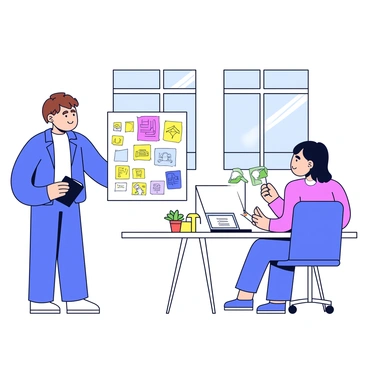 An artist is standing beside a large table in a modern office, displaying an array of colorful sketches. The sketches include illustrations of various design concepts, arranged neatly on the table. The artist has short brown hair and is wearing a casual outfit. The client, a woman with medium-length black hair, is seated across from the artist, looking attentively at the sketches. The office has large windows allowing natural light to flood in, and minimalist furniture is visible in the background, including a sleek desk and a comfortable chair.