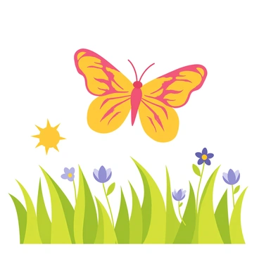 A butterfly with intricate wings featuring vibrant flame patterns in shades of orange, red, and yellow is flying gracefully over a lush green meadow. The meadow is dotted with colorful wildflowers in various hues of blue, purple, and pink. A soft breeze creates gentle ripples in the tall grass, while the sun casts a warm glow, illuminating the scene. The butterfly's delicate antennae twitch as it flits among the flowers, adding a dynamic sense of movement to the tranquil landscape.