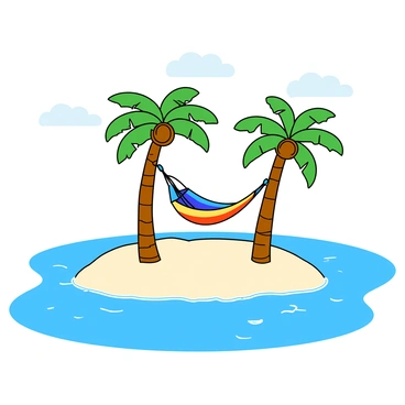 A small tropical island surrounded by clear blue waters. The island features expansive white sandy beaches that glisten in the sunlight. Tall coconut trees sway gently in the breeze, their green fronds creating a vibrant contrast against the bright sky. A colorful hammock is strung between two coconut trees, gently swaying, inviting relaxation. In the background, a few fluffy white clouds dot the sky, completing the picturesque scene of an idyllic getaway.