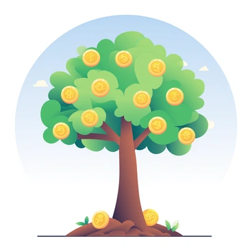 A tall tree with a sturdy brown trunk is standing prominently in the center of the image. The branches of the tree are lush and extensive, adorned with shiny gold coins instead of traditional leaves. Each coin glimmers in the light, showcasing details such as the embossed designs and the reflective surface. The tree's roots are visible, entwined in rich brown soil, symbolizing a strong foundation. In the background, a clear blue sky stretches above, indicating a bright and promising future. The scene conveys a sense of abundance and prosperity, with the coins representing growth and return on investment over time.