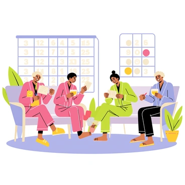 A day spa with a serene interior featuring soft pastel colors and comfortable seating. Clients relax in plush robes while sipping warm tea from delicate cups. Several clients are seen engaged in a game of bingo, marking their cards with colorful markers. The atmosphere is lively yet calming, with soft lighting and plants scattered throughout the room. A large bingo board is displayed in the background, showcasing various numbers.