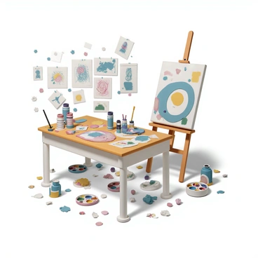A cluttered artist's workspace filled with various items. There are numerous paint tubes scattered across the table, some open with vibrant colors spilling out. Several brushes of different sizes are placed haphazardly, some with paint on the bristles. Unfinished illustrations are pinned on the walls and laid out on the table, showcasing a mix of sketches and colorful paintings. An easel stands in one corner, holding a partially completed canvas. The floor is scattered with used palettes and crumpled paper, adding to the chaotic atmosphere of creativity.