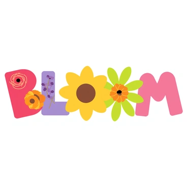 The word "Bloom" is formed using a collection of vibrant flowers. Each letter is created from different flower varieties: the letter "B" consists of bright red roses, the letter "L" is made of yellow sunflowers, the letter "O" is crafted from purple orchids, the second "O" features orange marigolds, and the letter "M" is designed using pink peonies. The background is a soft green, enhancing the colors of the flowers.