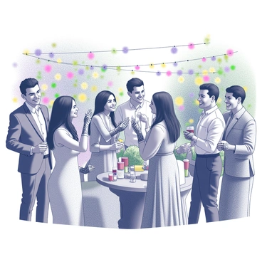 An outdoor wedding scene is set in a lush garden filled with flowers and greenery. The focus is on a group of guests gathered together, each showcasing their hands adorned with intricate mehendi designs. The mehendi patterns are detailed, featuring floral motifs and geometric shapes. Guests are smiling and interacting with each other, some holding drinks while others are posing for photographs. The atmosphere is lively, with colorful decorations in the background framing the joyful gathering.