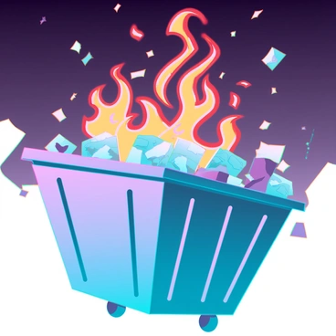 A large industrial dumpster with a metallic surface is overflowing with crumpled papers and discarded items. From the top of the dumpster, "flames" are swirling upwards, twisting in vibrant shades of orange, red, and yellow. The flames take on an abstract form, with sharp, jagged edges and smooth curves intermingling, creating a chaotic yet mesmerizing pattern. The background is dark, emphasizing the bright colors of the flames as they dance and flicker against the night sky. The scene captures the dynamic movement of the flames as they rise higher, seemingly reaching for the stars above.