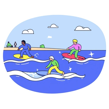 A group of surfers riding small waves in the delta's coastal waters. Each surfer is wearing colorful wetsuits, with one surfer on a bright yellow board, another on a blue board, and a third on a red board. The ocean is depicted with gentle rolling waves, and the sunlight creates sparkling reflections on the water. In the background, there are a few fluffy white clouds in a clear blue sky. The sandy shoreline is visible, with a few beachgoers enjoying the sunny day.
