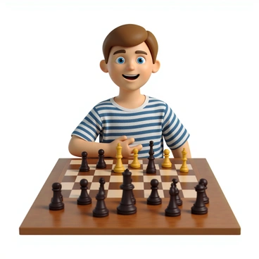 A young chess player with light brown hair and bright blue eyes is sitting at a wooden table. The player is wearing a blue and white striped shirt. They are smiling confidently, showcasing their excitement and pride. In front of them is a chessboard with pieces in a winning position, highlighting a recent strategic move. The chess pieces are made of polished wood, with the king prominently placed to signify the victory. The background includes soft lighting that subtly illuminates the player's face and the chessboard, enhancing the atmosphere of triumph.