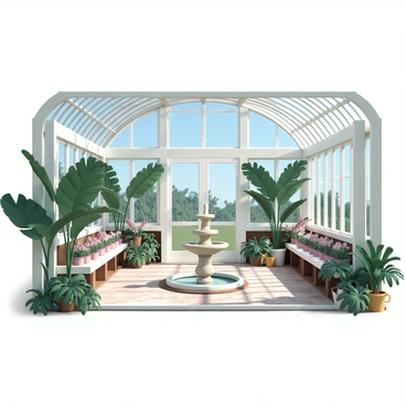 A 3D indoor greenhouse room with large glass walls allowing ample natural light to flood the space. Various types of plants, including tall tropical palms, vibrant flowering plants, and lush green ferns, are arranged throughout the room. In the center, there is a small, elegant fountain made of stone, with water gently cascading down. The floor is covered with rustic tiles, and there are potting benches along one side, adorned with gardening tools and soil. Sunlight creates reflections and shadows, adding depth to the vibrant greenery.