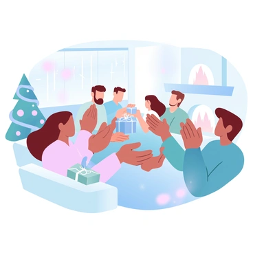 A group of people is gathered in a warmly lit living room, surrounded by festive decorations. They are exchanging colorful wrapped gifts, with ribbons and bows visible on the packages. One person is handing a gift to another, while others are smiling and clapping their hands in delight. A decorated Christmas tree is placed in the corner of the room, adorned with twinkling lights and ornaments. In the background, a cozy fireplace has a gentle glow, adding to the inviting atmosphere. "Joy" and "laughter" are depicted through the gestures and interactions of the people present.