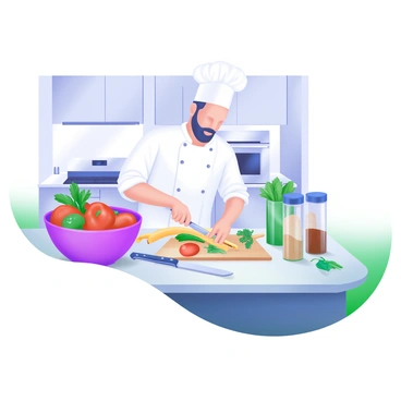 A chef standing at a marble countertop in a fancy kitchen, wearing a crisp white uniform and a chef's hat. The chef is skillfully slicing vibrant vegetables, including red bell peppers, yellow zucchini, and green herbs. Surrounding the chef are various fresh ingredients displayed in elegant bowls, including ripe tomatoes, a bunch of basil, and an assortment of spices in glass jars. In the background, there are modern kitchen appliances, such as a sleek stovetop and a stylish oven, contributing to the sophisticated atmosphere of the kitchen. A gleaming knife rests beside the ingredients, ready for further preparation.