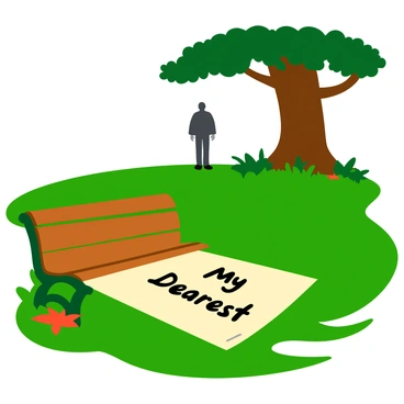 A partially opened love letter, written in elegant cursive, lies on a wooden park bench. The letter features dark ink and the words "My Dearest" are clearly visible. The bench is surrounded by lush green grass and a few scattered autumn leaves. In the background, a shadowy figure stands under a large tree, partially obscured by branches. The figure has an indistinct outline, creating an air of mystery, as the sunlight filters through the leaves, casting dappled shadows on the ground.