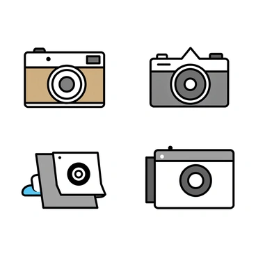 A collection of four vintage cameras arranged in a grid format. Each camera is placed on a plain background to enhance visibility. The first camera is a classic rangefinder with a leather exterior and a prominent viewfinder. The second camera is a medium format camera featuring a square body and a large lens. The third camera is a compact film camera with a sleek design and a built-in flash. The fourth camera is a polaroid instant camera, showcasing its distinctive fold-out design. Each camera has clear annotations next to it, labeling its name and notable features in a simple font.