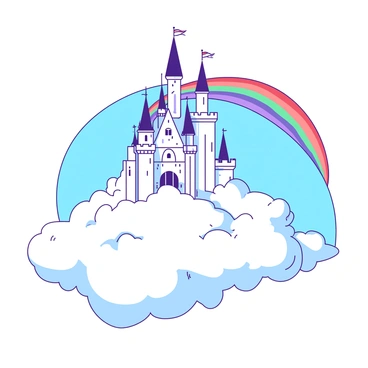 A white castle with tall towers and intricate details is floating majestically above fluffy, soft clouds. The towers of the castle are adorned with flags fluttering in the breeze. Below the castle, the clouds appear light and airy, creating a dreamy atmosphere. Above the castle, there is a vibrant rainbow arcing gracefully, its colors blending seamlessly into the sky. The blue sky is clear, enhancing the ethereal quality of the scene.