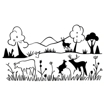 A group of deer grazing peacefully in a lush meadow, surrounded by tall grass and wildflowers. In the background, there are gently rolling hills and scattered trees, providing shelter and shade to the scene. The sky above is clear, adding to the tranquil atmosphere of the wildlife setting.