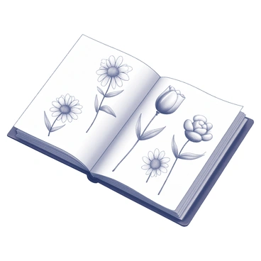 A notepad lays open, displaying a series of various flowers drawn in simple line art style. The flowers include a daisy with full, rounded petals, a tulip with a smooth shape, and a rose depicted with elegant curves. Each flower is outlined clearly, with delicate leaves and stems extending from them. The composition shows a playful arrangement, with some flowers overlapping slightly, creating a dynamic yet harmonious design on the notepad's blank pages.