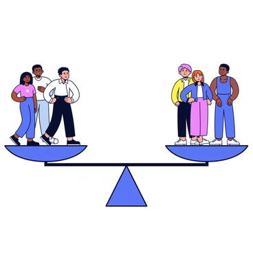 A balanced scale with two platforms, one side holding a diverse group of people of different ages, ethnicities, and genders. Each person is standing confidently, contributing to the balance of the scale. The other side of the scale mirrors this diversity with an equally representative group of individuals, all standing upright. The background is simple and unadorned, emphasizing the scale and the people.