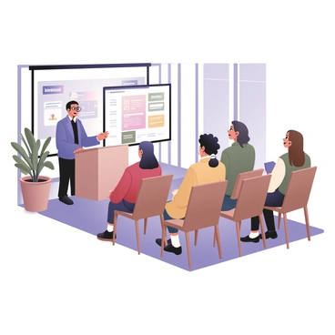 A digital flat illustration depicting a workshop taking place in a modern coworking space. In the foreground, there is a speaker standing at a podium, wearing glasses and a blue blazer, addressing an engaged audience. The audience is composed of diverse individuals: a woman with curly hair wearing a red sweater, a man with short black hair in a green shirt, and another woman with straight brown hair dressed in a yellow blouse. They are seated on chairs arranged in rows, focused on the speaker. The background features large windows allowing natural light to fill the space, and there are potted plants placed around the room for a lively atmosphere. A projection screen behind the speaker displays a colorful presentation titled "Innovative Ideas."