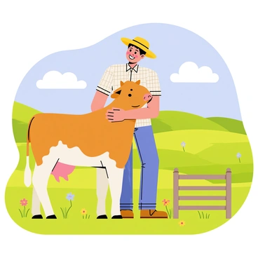 A farmer wearing a straw hat and a checkered shirt is hugging a brown and white cow in a sunny pasture. The pasture has green grass and colorful wildflowers scattered throughout. In the background, there are rolling hills and a bright blue sky with fluffy white clouds. The farmer has a joyful expression, and the cow is leaning affectionately into the hug. Nearby, a wooden fence adds to the rural scene.